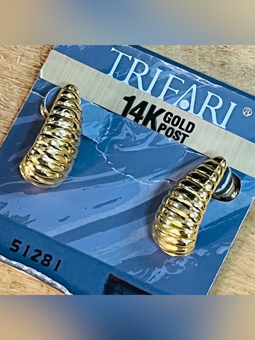 Trifari Shiny Gold Ribbed Teardrop Pierced Earrings